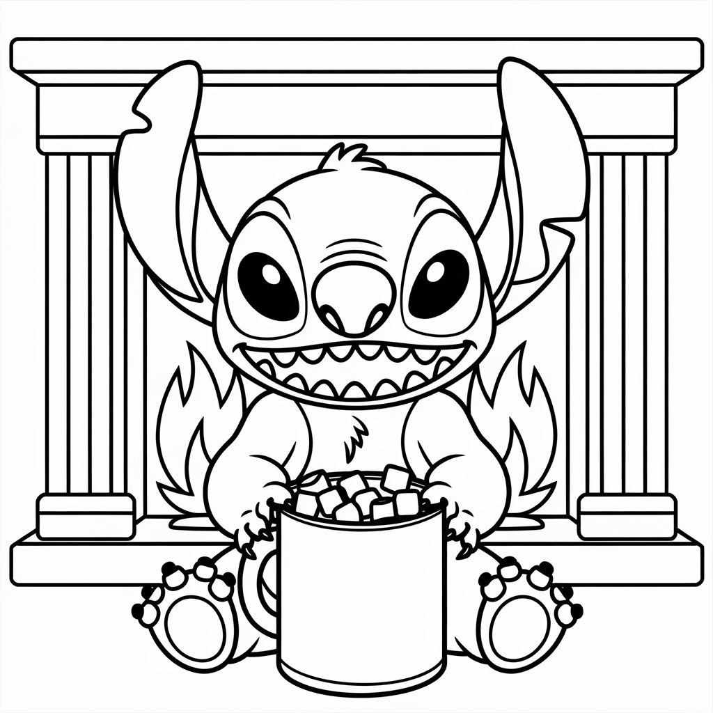 Cozy Hot Cocoa Stitch by Fireplace Christmas Coloring Sheet