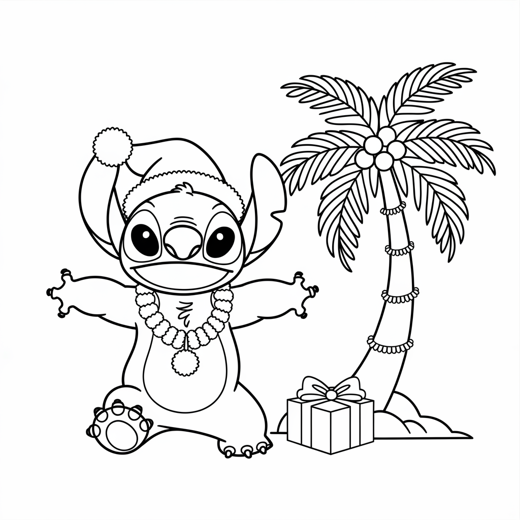 Hula Christmas Stitch with Santa Hat Coloring Page for Kids