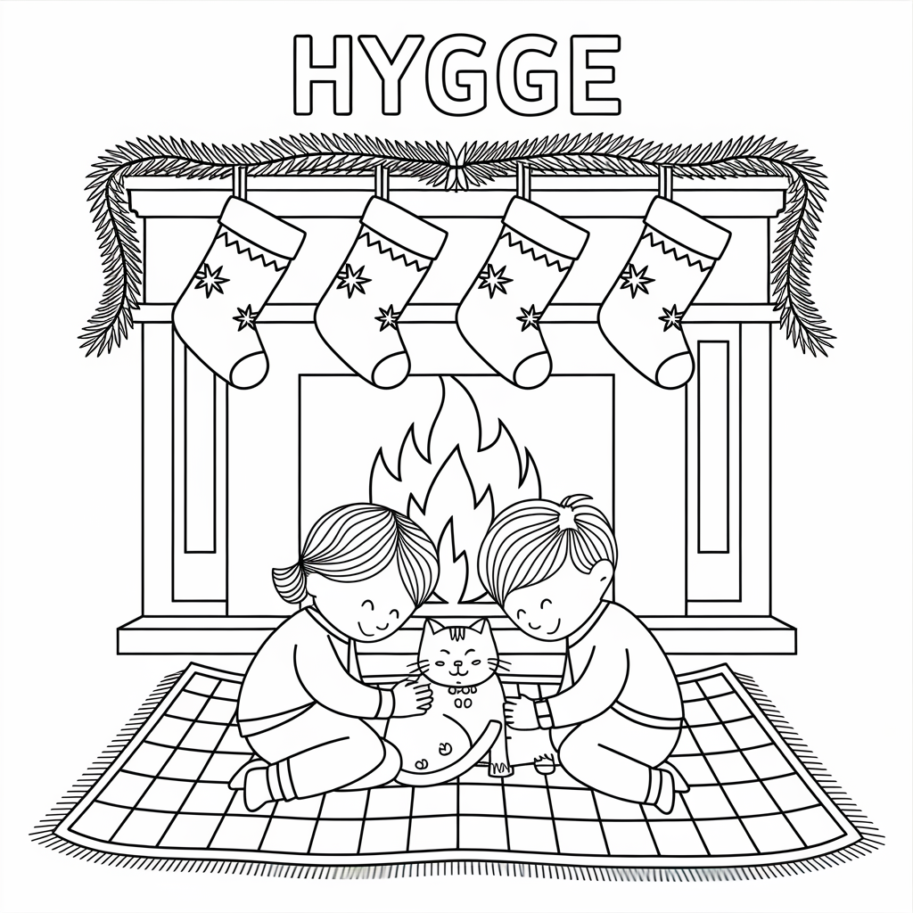 Kids and Cat by Fireplace