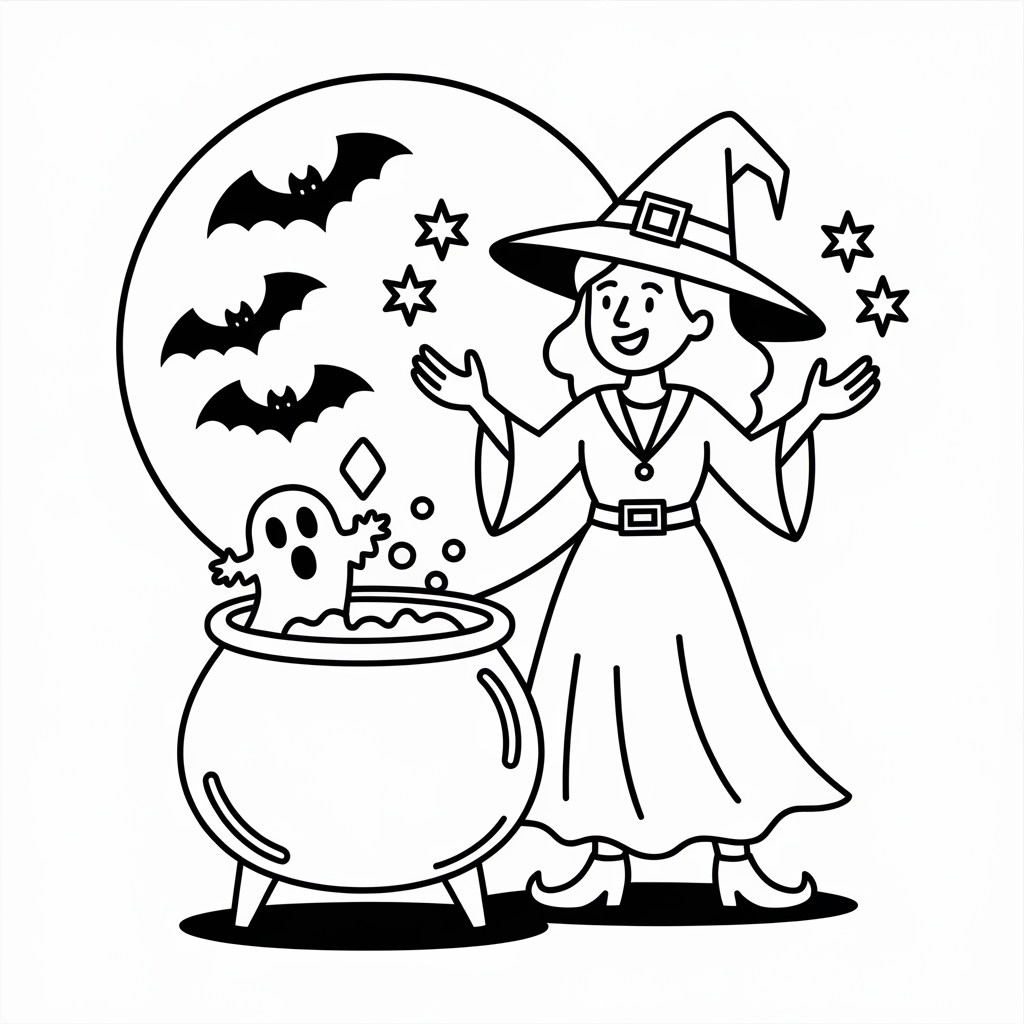 Witch Casting Spell with Ghost and Bats Coloring