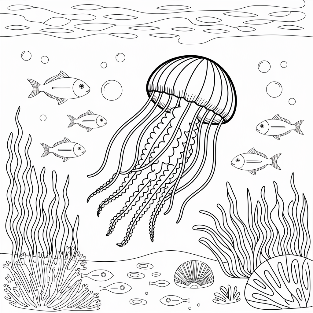 Jellyfish and Fish Coloring Sheet 
