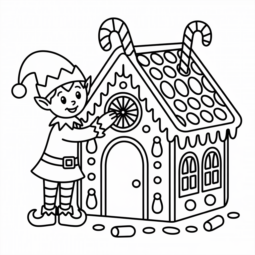 Elf Decorating a Gingerbread House