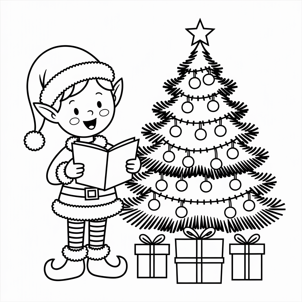 Elf Singing Carols by Decorated Christmas Tree