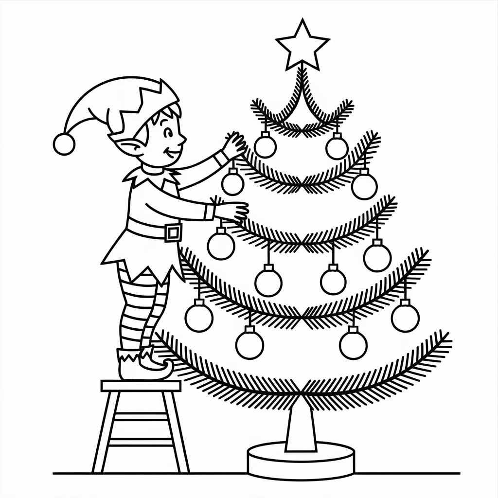 Elf Decorating Christmas Tree with Ornaments