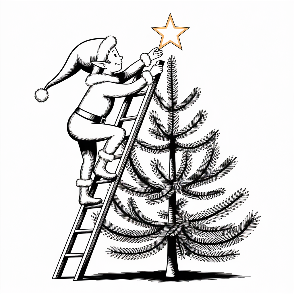 Elf Placing Star on Christmas Tree