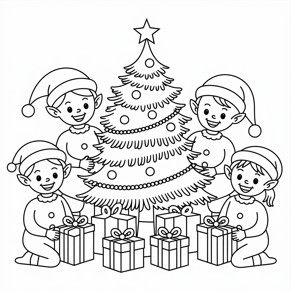 Elf and Kids Opening Presents Under the Christmas Tree