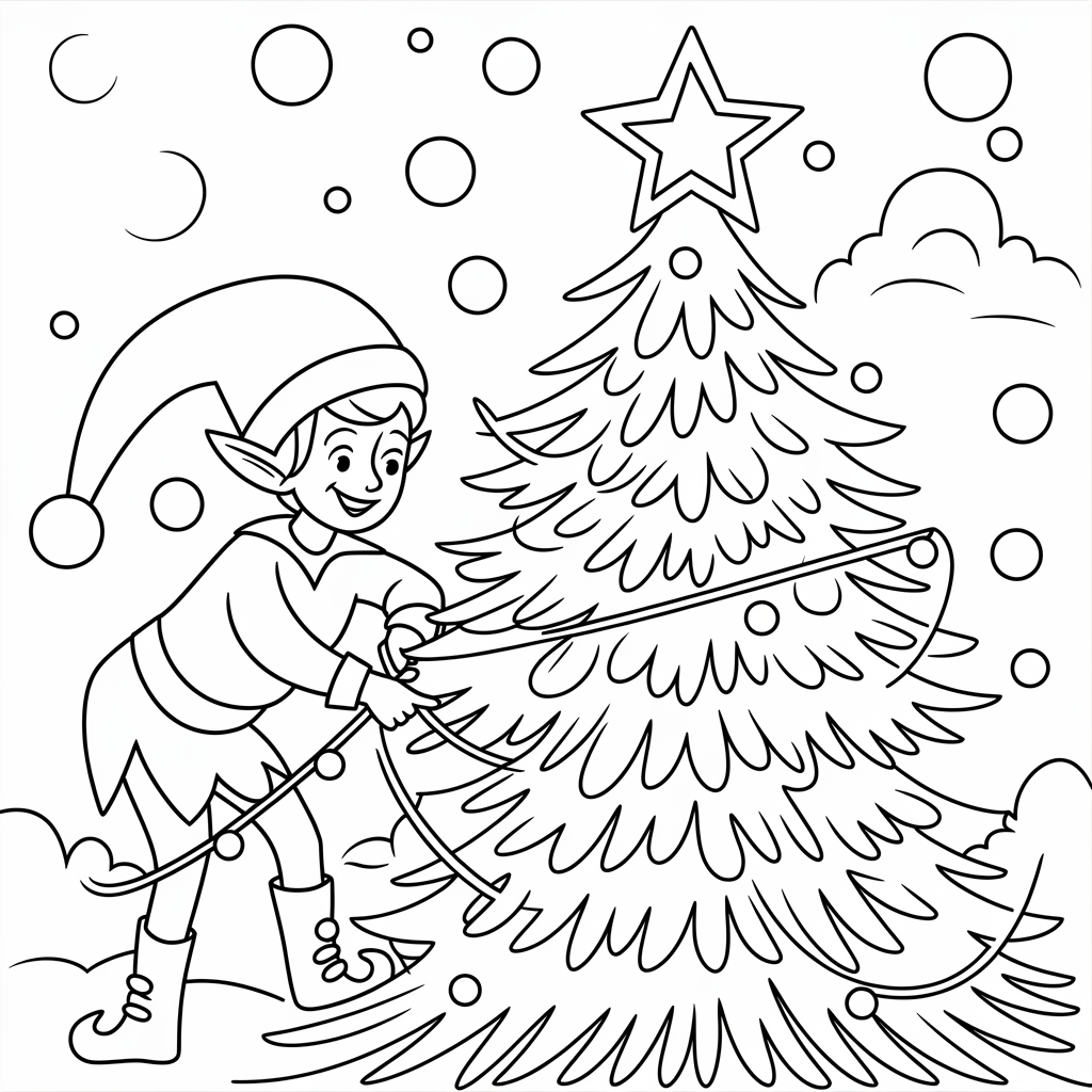 Elf Wrapping Garland Around Christmas Tree