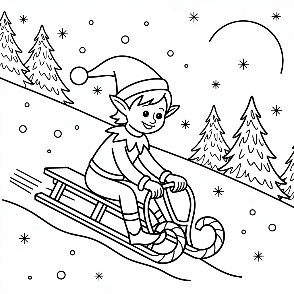Elf Sliding Down a Hill on Candy Cane Sled