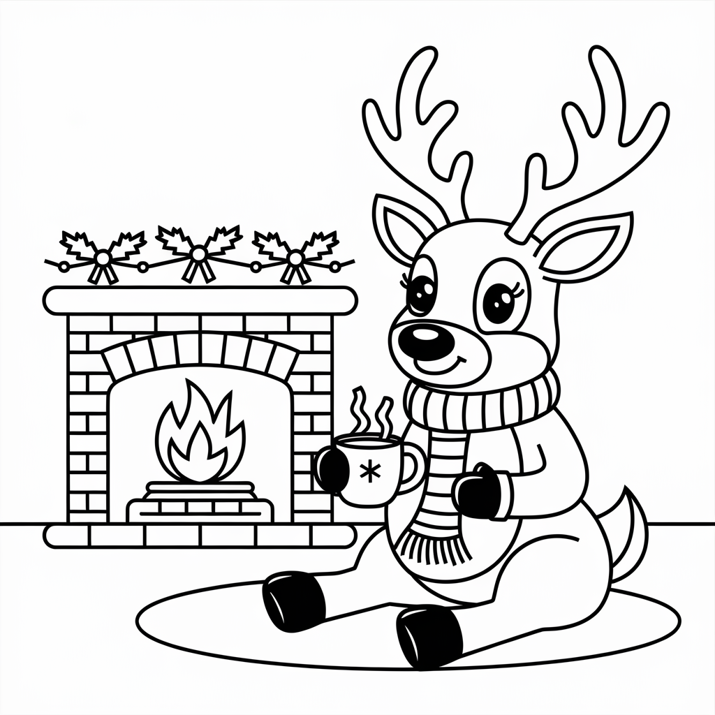Reindeer by Fireplace with Cocoa 