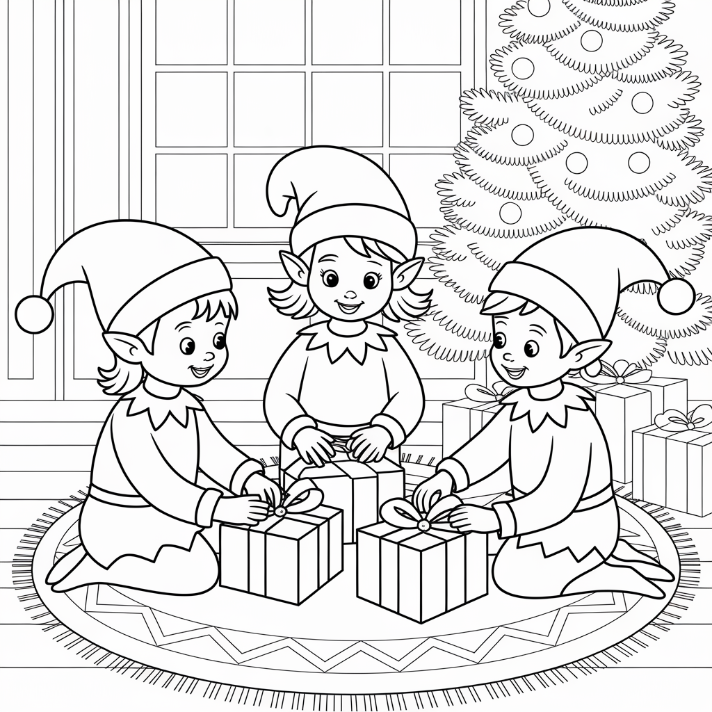 Kids and Elves Wrapping Gifts