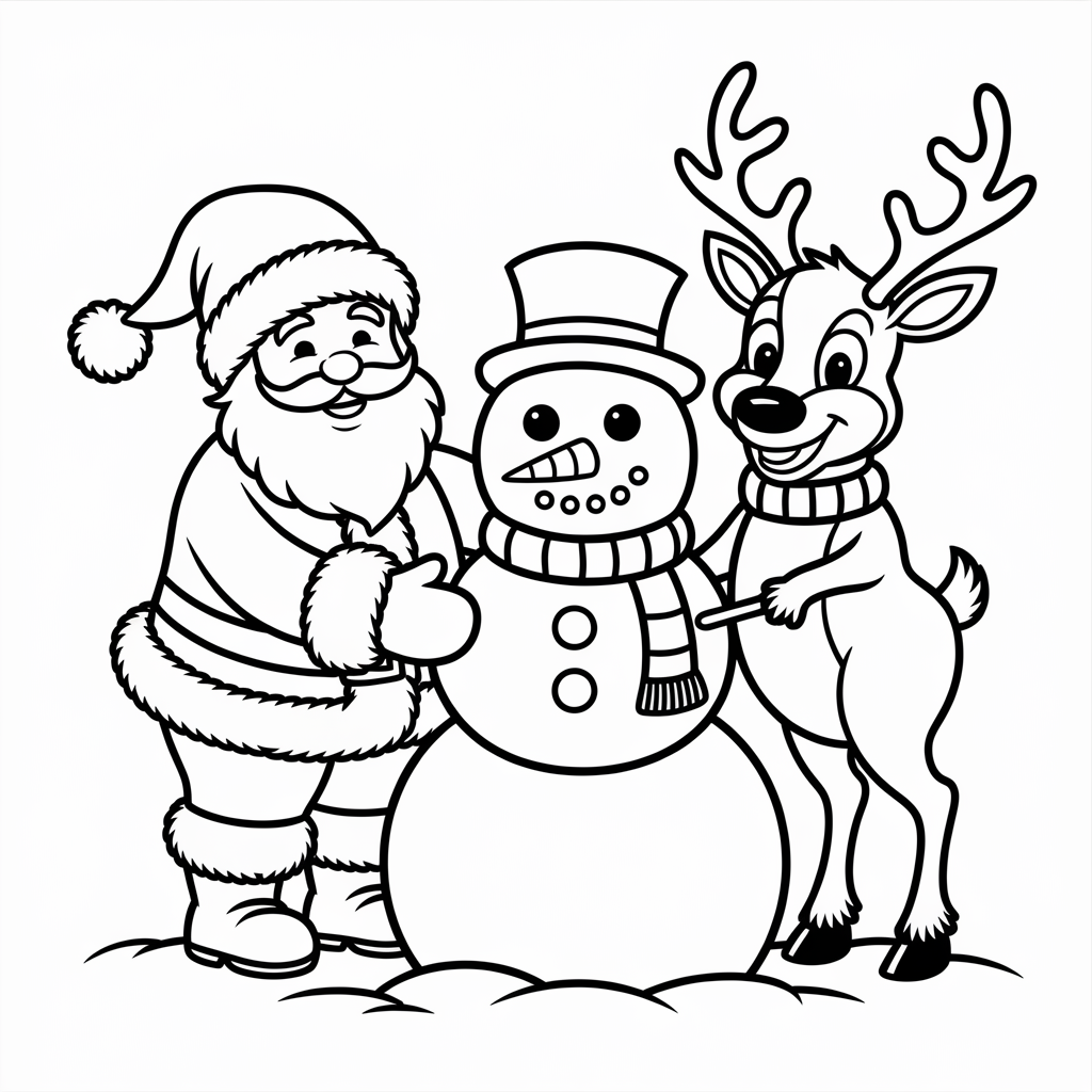Santa and Reindeer Building Snowman
