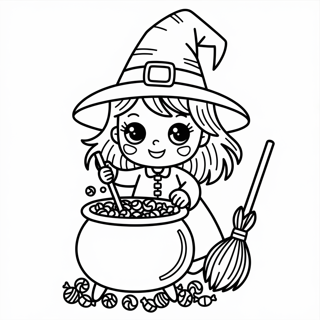 Adorable Witch Stirring Candy Cauldron