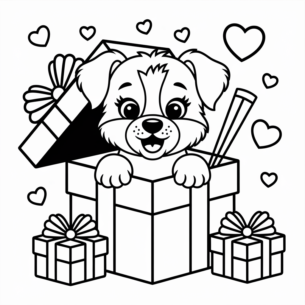 Cute Puppy in a Christmas Present Box Coloring Page for Children