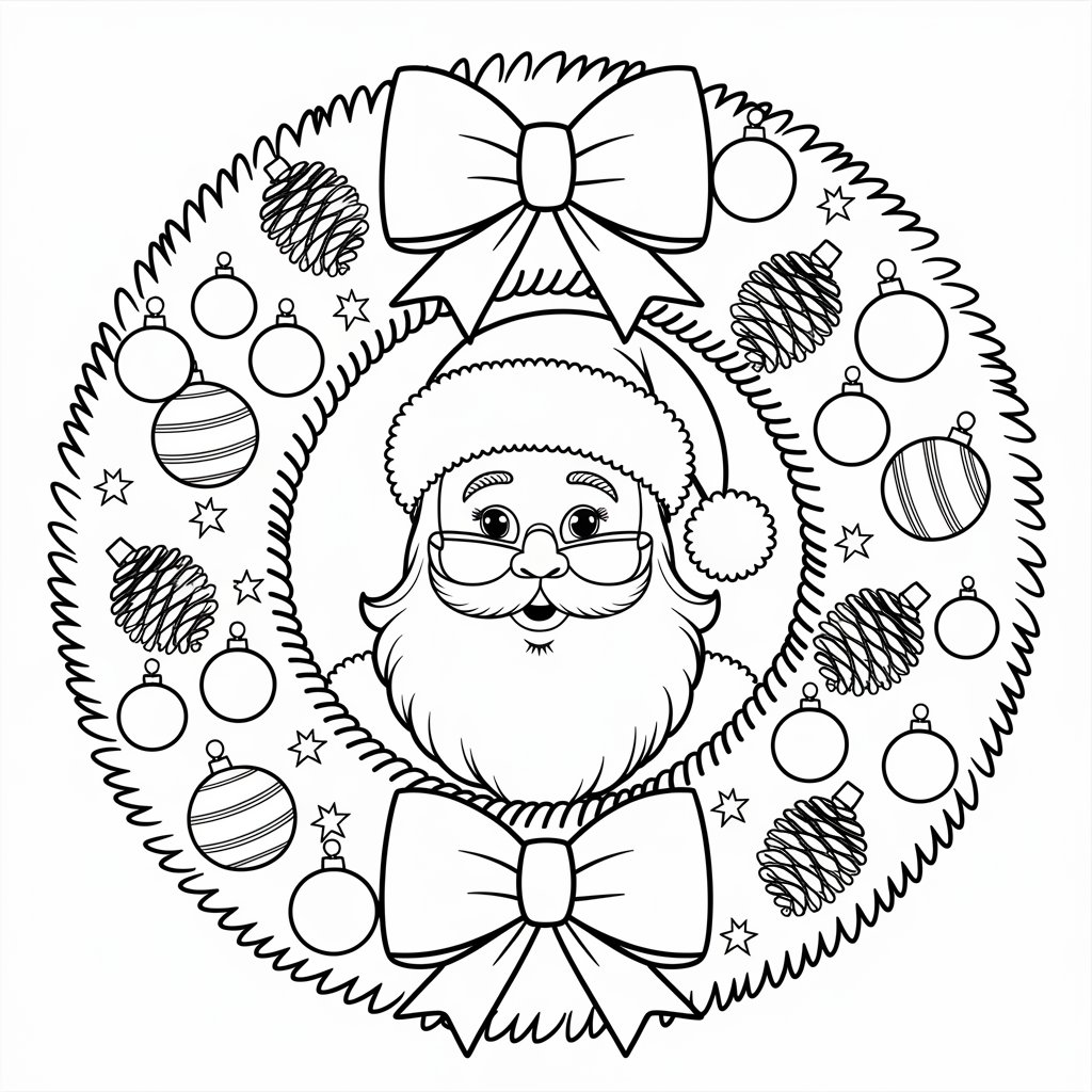 Santa Claus Coloring Pages with Christmas Wreath and Ornaments