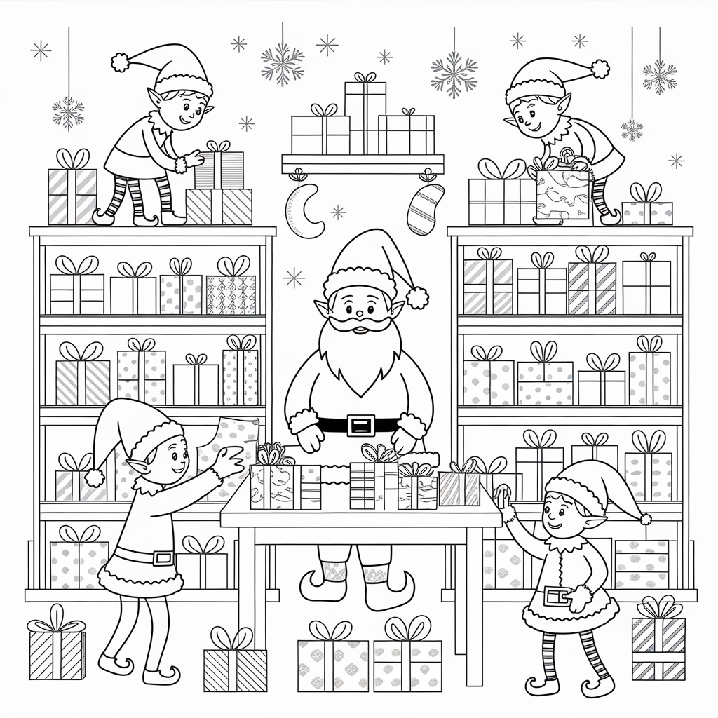 Santa’s Workshop Full of Christmas Presents Coloring Sheet Printable
