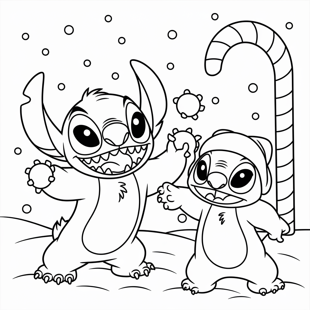 Fun Snowball Fight Stitch Christmas Coloring Page for Kids