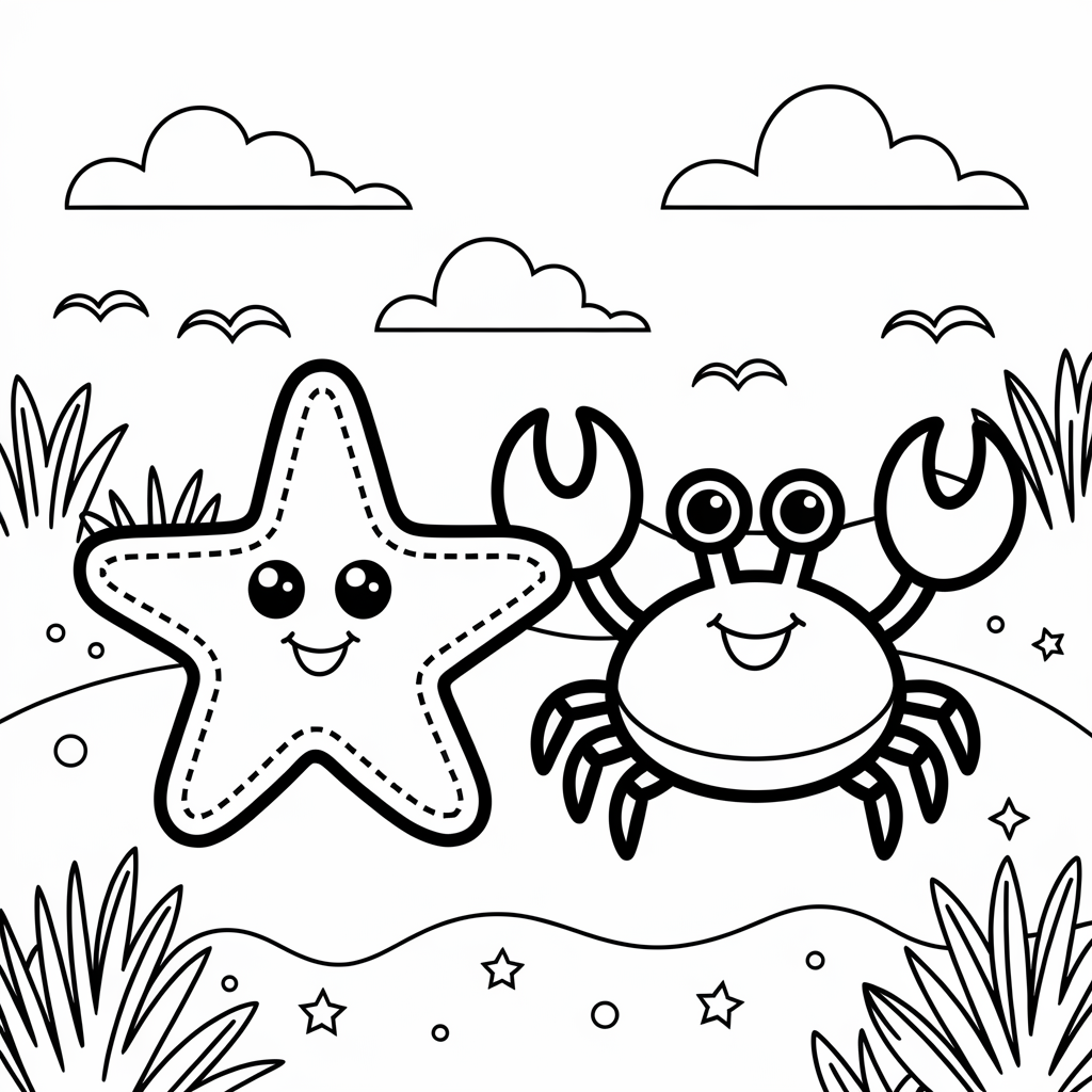 Starfish and Crab Coloring Page