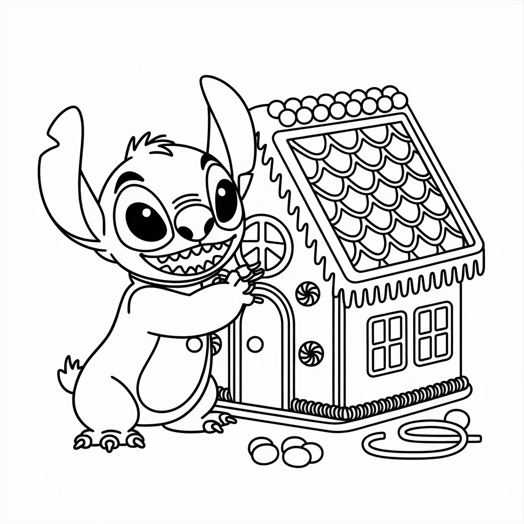 Stitch Decorating Gingerbread House Christmas Coloring Page Printable