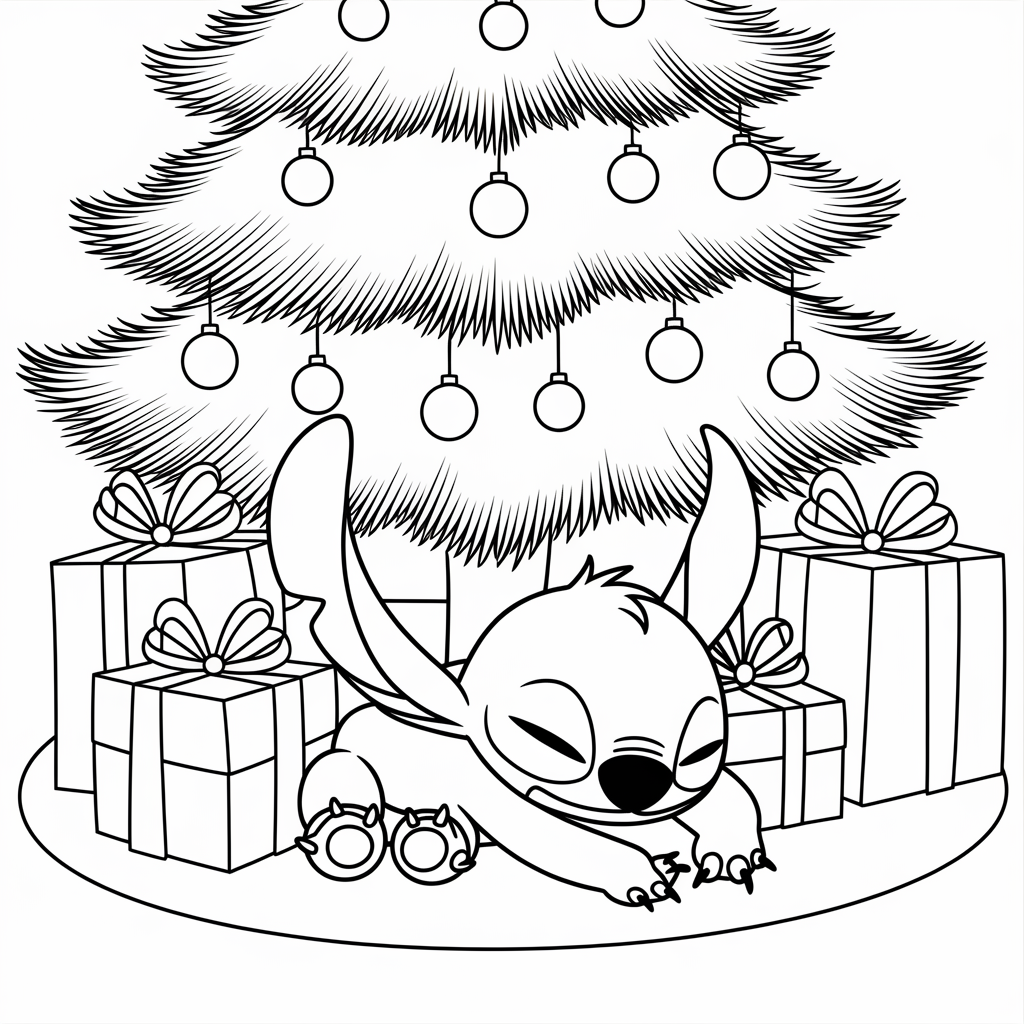 Sleepy Stitch Under Christmas Tree Coloring Page for Holiday Fun