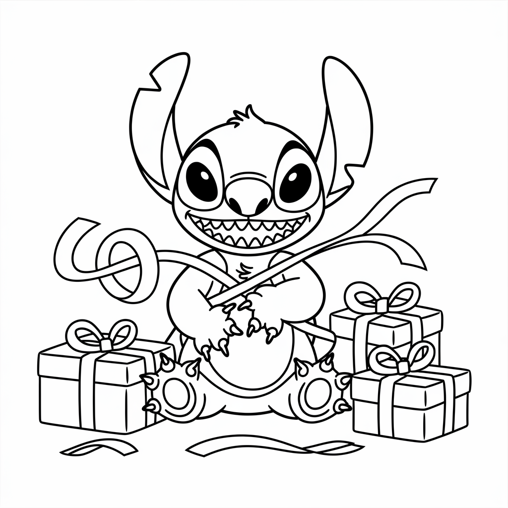 Stitch Wrapping Presents Christmas Coloring Page Free Download