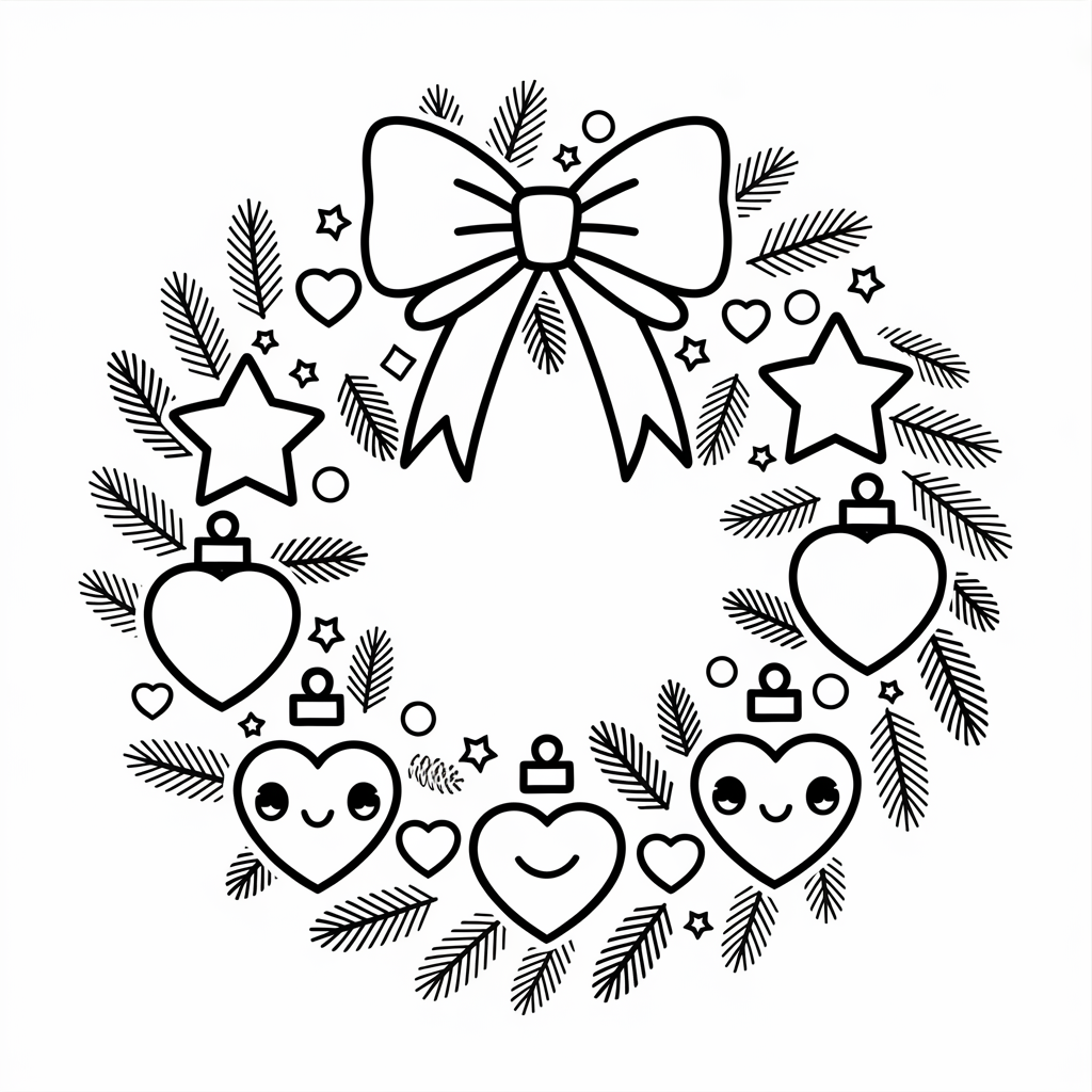 Free Printable Kawaii Christmas Wreath Coloring Page