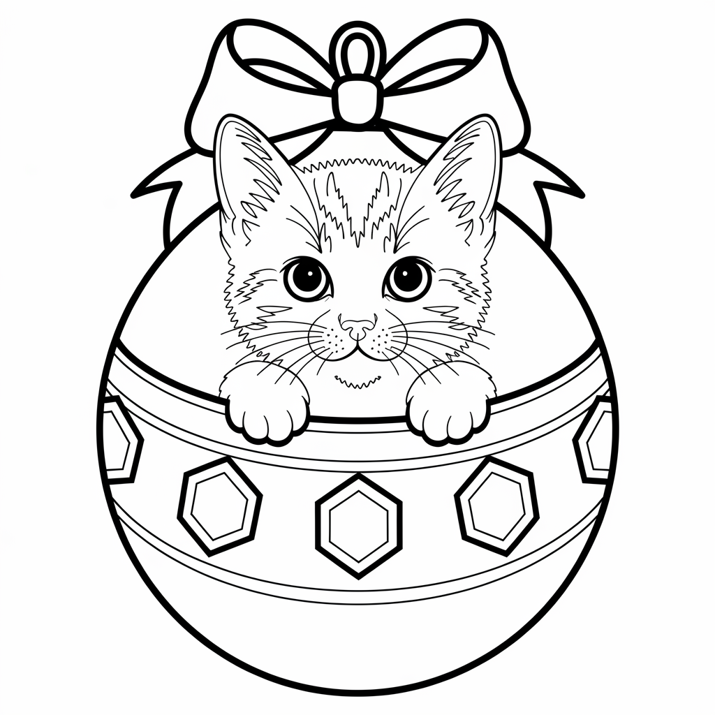 Cute Kitten in a Christmas Ornament Coloring Page