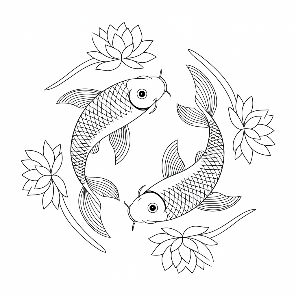 Koi Fish with Lotus Flowers Coloring Page 