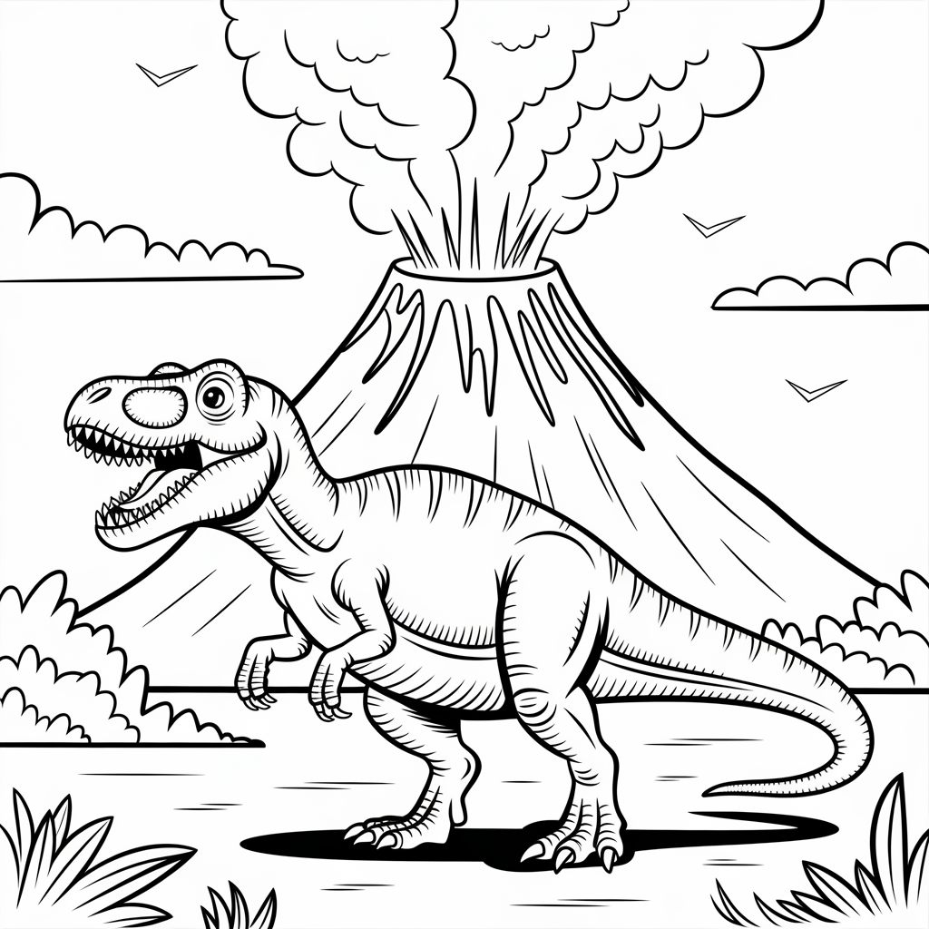 Dinosaur with Volcano Coloring Page 