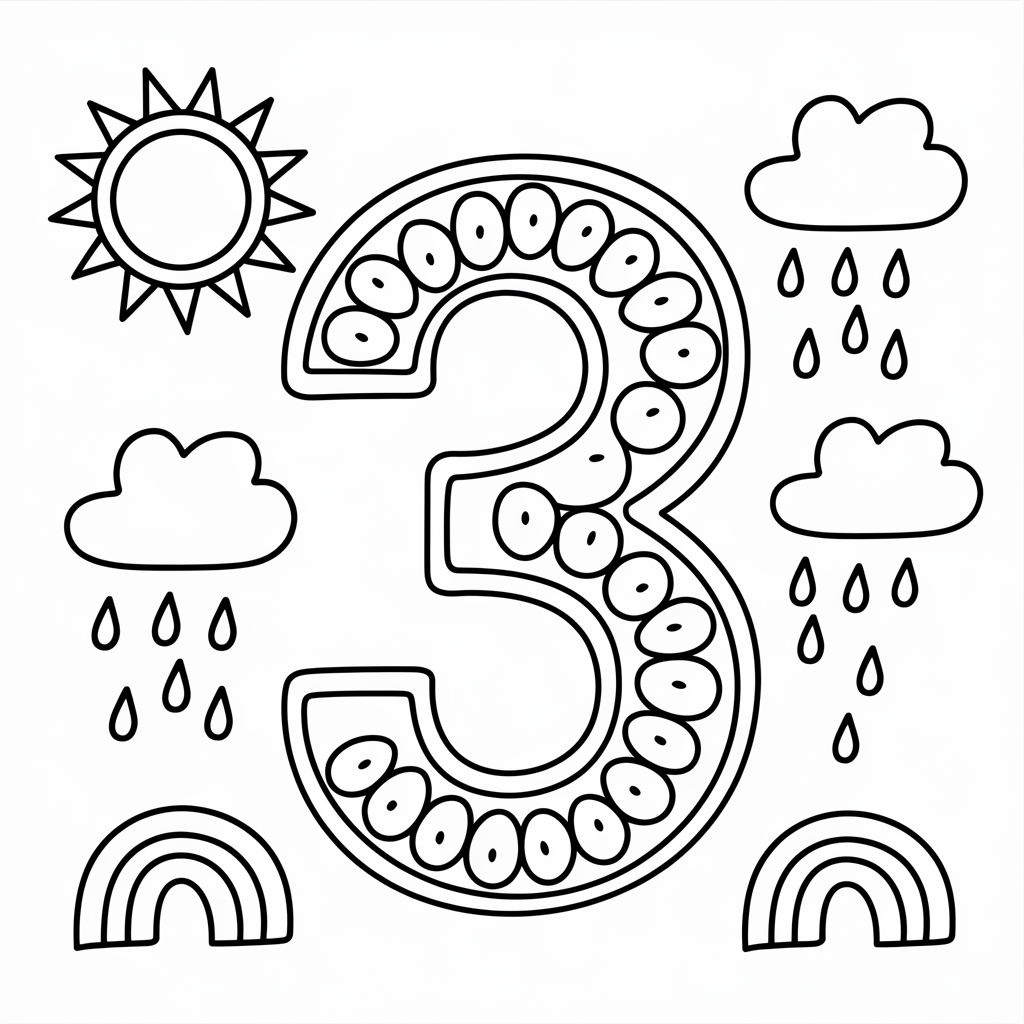  Number 3 Coloring Page with Weather Elements