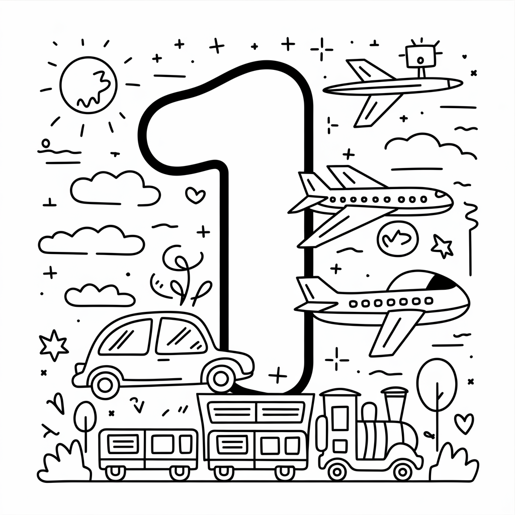 Printable Number 1 Coloring Page with Vehicles