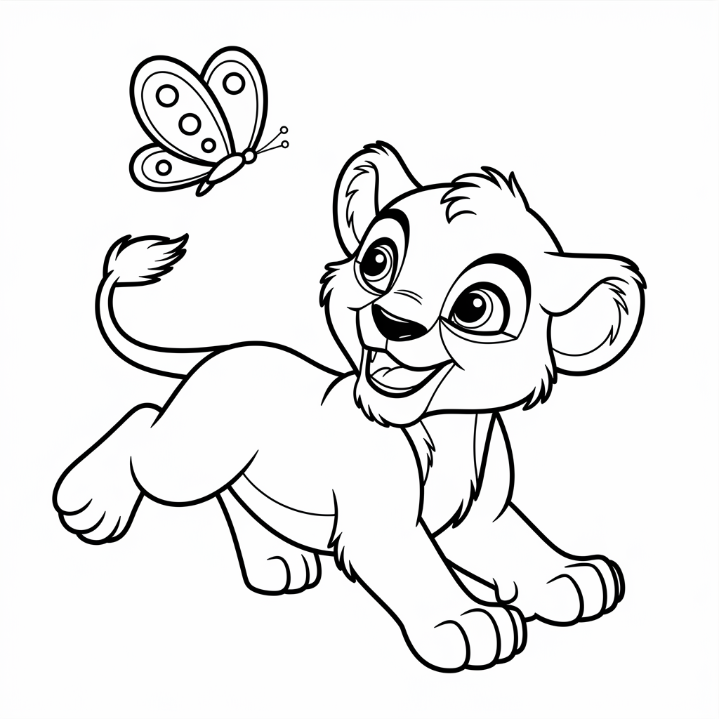 Lion Cub Chasing a Butterfly Coloring Page 