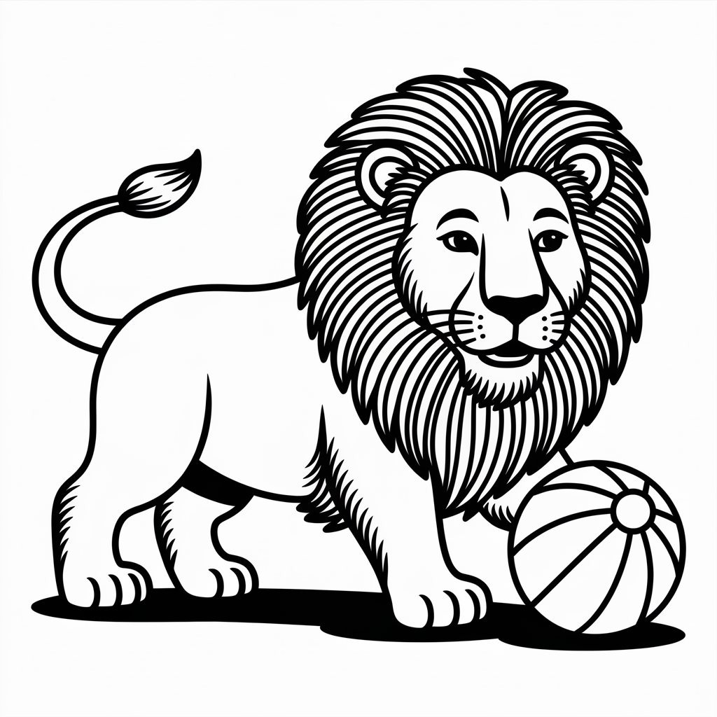 Cartoon Lion Playing with a Ball Coloring Sheet for Children