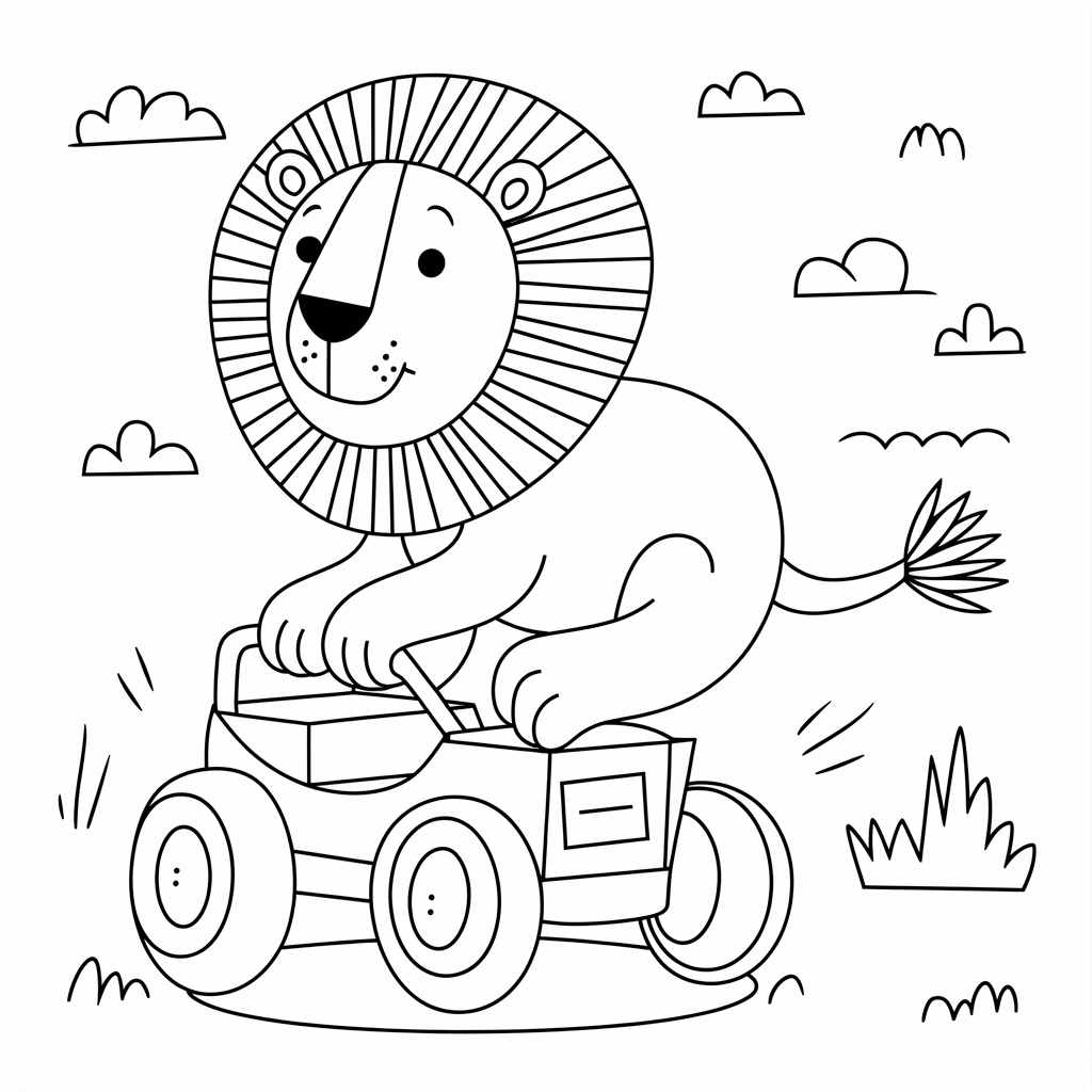 Cartoon Lion Riding a Toy Car Coloring Page for Kids