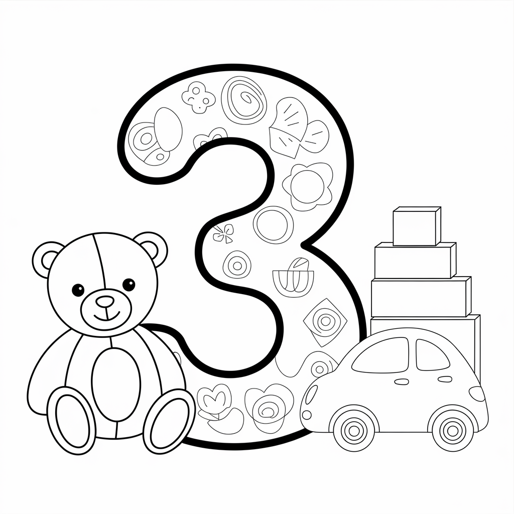 Number 3 Coloring Page with Toys for Preschool