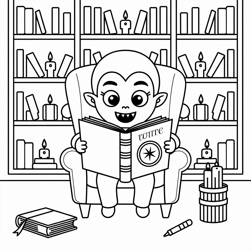 Little Vampire Reading a Spell Book Coloring Page 