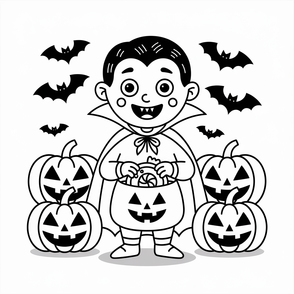 Trick-or-Treat Vampire Coloring Page with Candy Bag