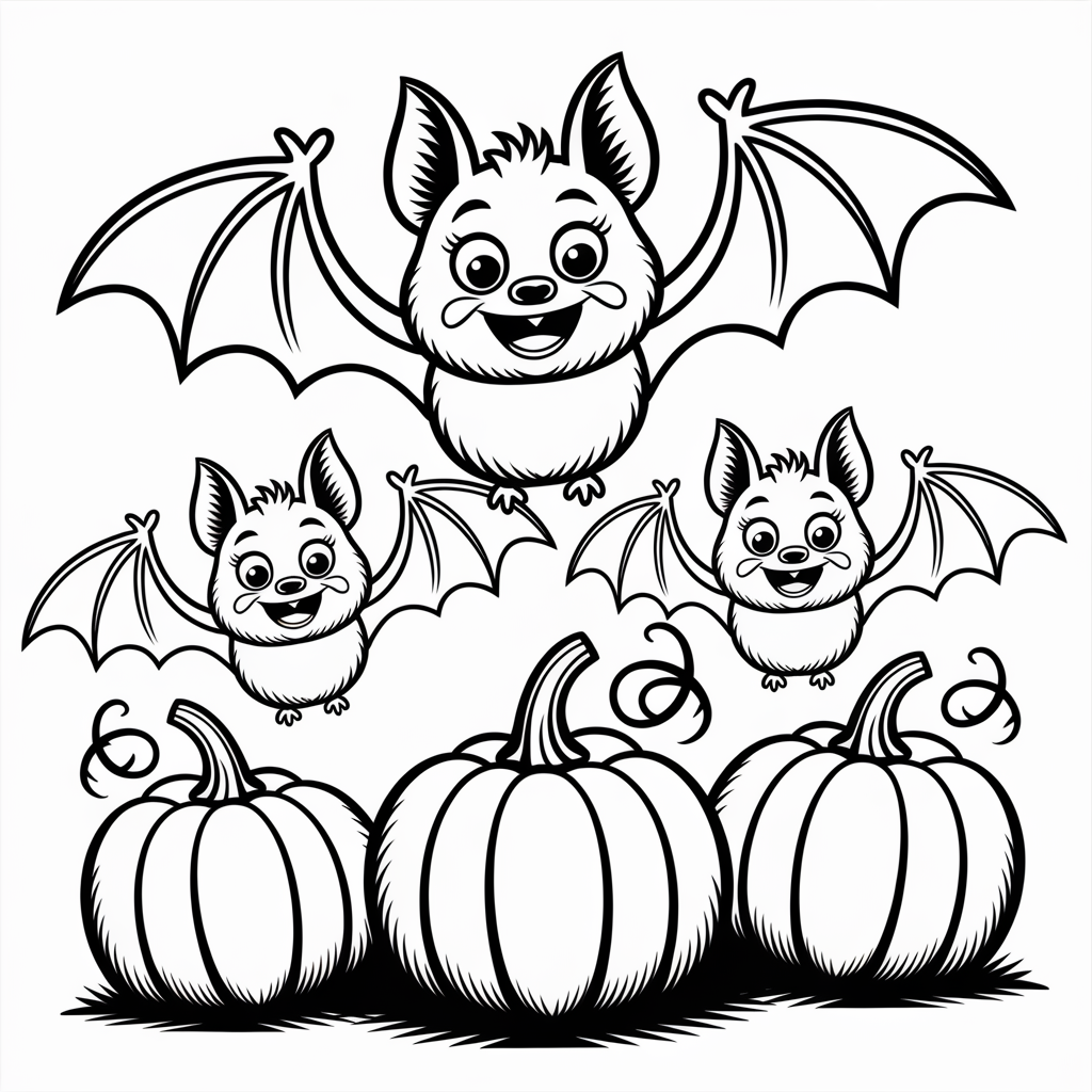 Bat Family Flying Over Pumpkin Patch 