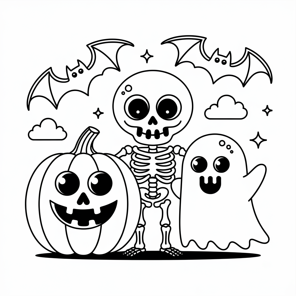 Cute Monster Squad with Ghost, Bat, and Pumpkin
