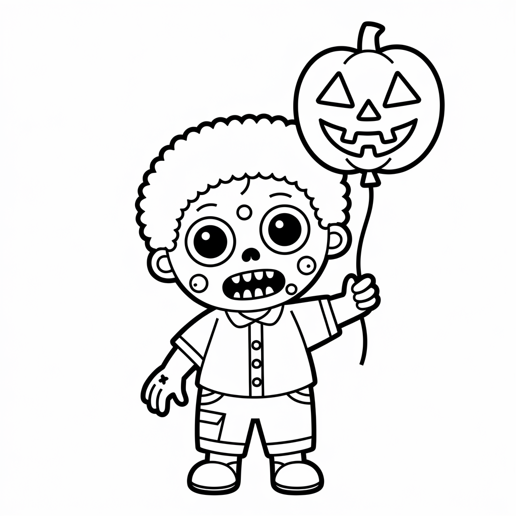Adorable Zombie Kid with Pumpkin Balloon