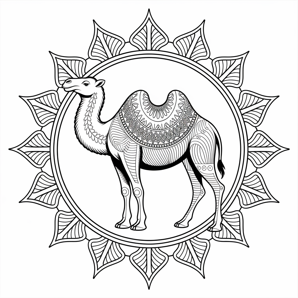 Mandala Camel in Circle Coloring Pages