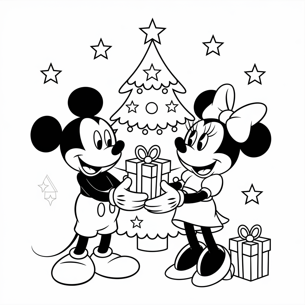 Mickey and Minnie Exchanging Christmas Presents Coloring Sheet Free