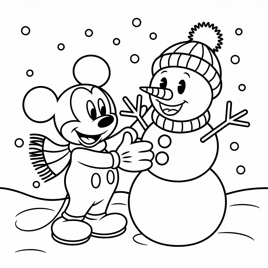 Free Printable Mickey Building a Snowman Christmas Coloring Page