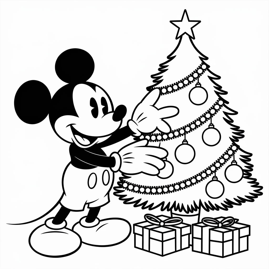 Cute Mickey Decorating a Christmas Tree