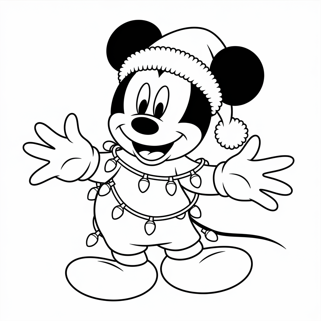 Funny Tangled in Christmas Lights Mickey Coloring Page Printable