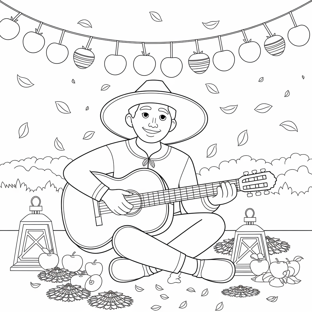Coco Festival Fun September Coloring Pages with Guitars & Marigolds