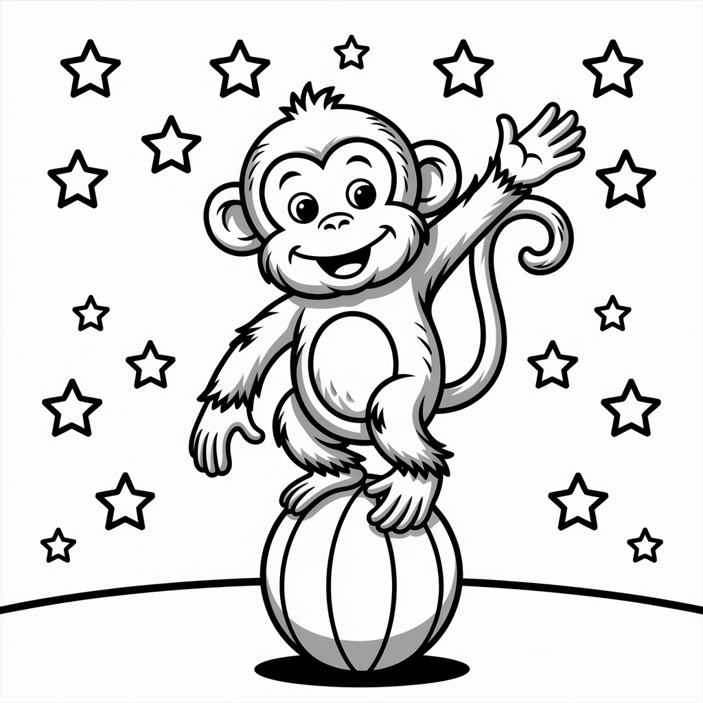 Circus Monkey Balancing on Ball Coloring Page