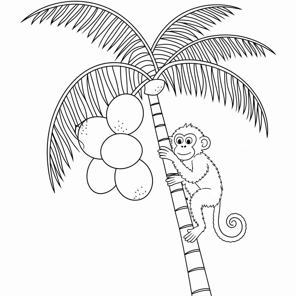 Monkey Climbing Coconut Tree Coloring Sheet for Kids