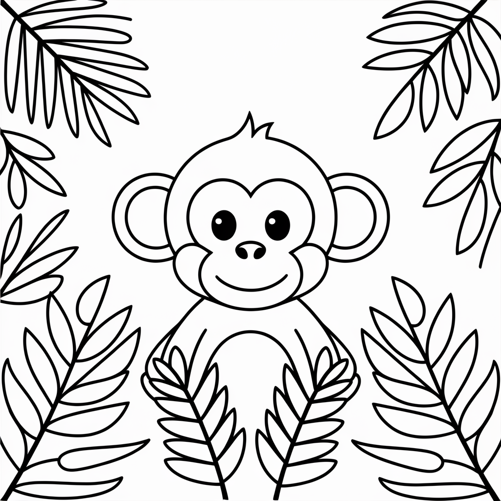 Monkey Peeking from Jungle Leaves Coloring Sheet for Kids