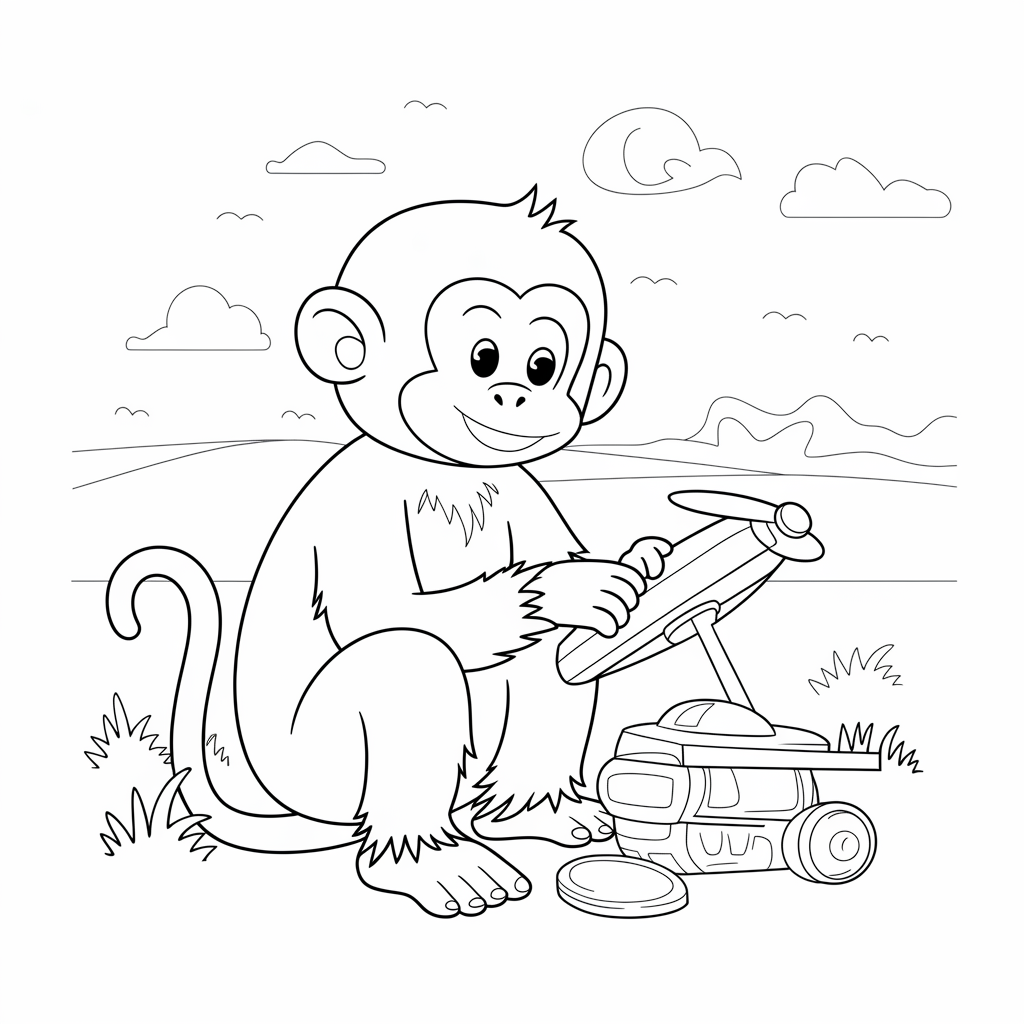 Monkey Playing with Toy Airplane Coloring Page