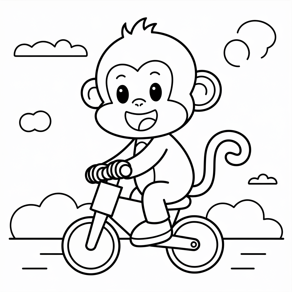 Cartoon Monkey Riding a Toy Bike Coloring Page